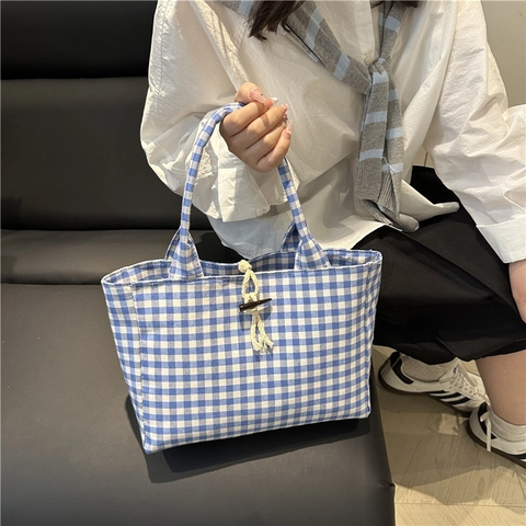 Borsa Tote A Quadretti Gingham Tessuto Nylon Borsa A Mano Chiusura Con Bottone Casual Spalla Per Donne