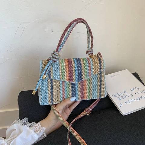 Striped Woven PU Crossbody Bag Women Flap Shoulder Handbag With Top Knot Handle Summer Beach Vacation Bohemian Style