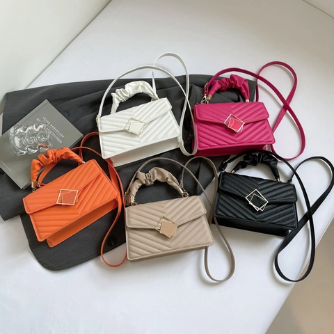 Women Quilted Shoulder Bag Chevron Pattern Pleated Handle Crossbody Handbag PU Leather Metallic Buckle Elegant Square Bag