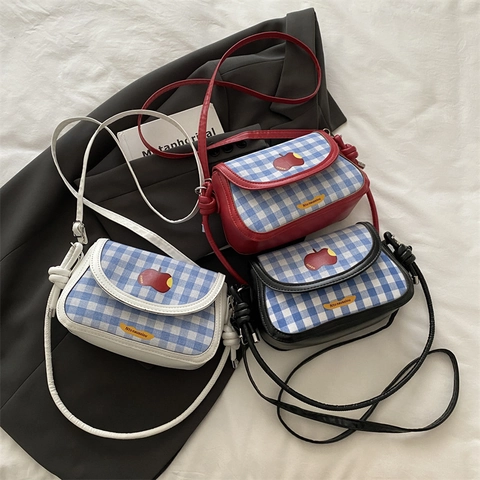 Mini Borsa A Tracolla A Quadretti Gingham Donna Finiture In Pelle PU Toppa Mela Ricamata Stile Coreano Borsa A Spalla Quadrata