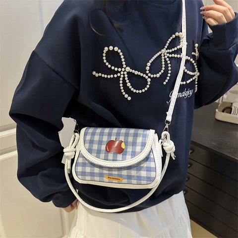 Mini Borsa A Tracolla A Quadretti Gingham Donna Finiture In Pelle PU Toppa Mela Ricamata Stile Coreano Borsa A Spalla Quadrata