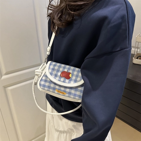 Borsa a Spalla Donna a Quadri Moda PU Tessuto Piccola Borsa Quadrata Con Patch a Mela Casual Borsa a Tracolla