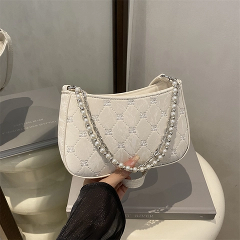 Women Quilted Baguette Bag Artificial Pearl Metal Chain Butterfly Bow Embroidery Synthetic Leather Underarm Shoulder Bag Korean Style