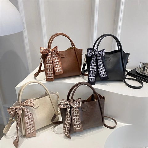 Bolso De Cubo De Cuero PU Para Mujer Bolso De Mano Cruzado Con Pañuelo De Satén Decorativo Color Sólido Moda
