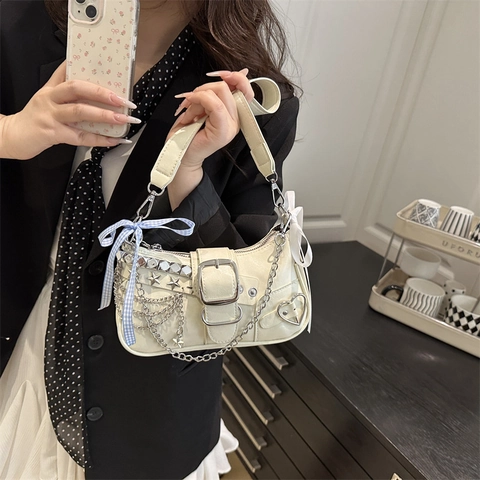 Damen Schultertasche Aus PU Leder Y2K Punk Stil Achseltasche Mit Metallkette Sternnieten Und Schleifen Für Modische Mädchen