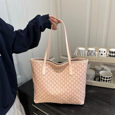 Damen Mode Tote Bag Große Kapazität M Buchstaben Monogramm PU Leder Schulter Handtasche Für Pendeln Casual Reisen Vintage