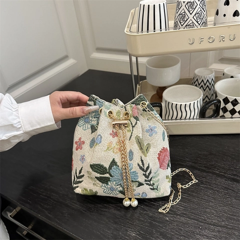 Borsa A Secchiello In Jacquard Floreale Donna Borsa A Tracolla Vintage Con Catena Dorata Coulisse Perla Artificial Motivo Fiori