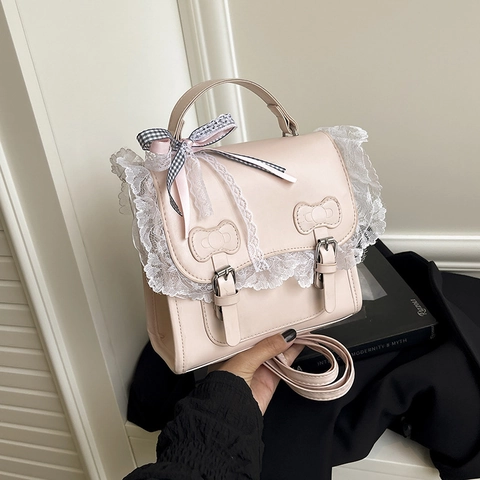 Sac À Dos Femme Cuir PU Style Lolita Doux Bordure Dentelle Décor Nœud Multi-Usage Mini Sac Bandoulière Pour Filles