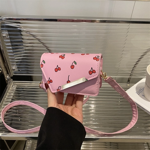 Sweet Mini Square Crossbody Bag Women Fashion Cherry Print PU Leather Shoulder Bag With Gold Metal Trim Handbag