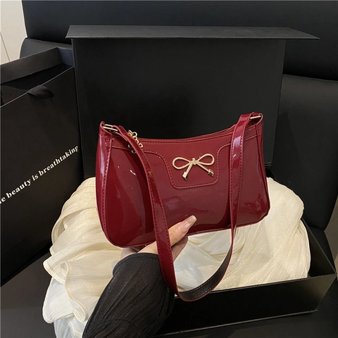 Borsa Sottobraccio da Donna in Pelle Verniciata PU con Decorazione Fiocco in Metallo Borsa a Spalla Baguette Elegante Borsa a Mano per Pendolari