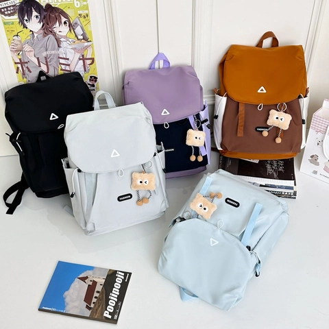 Fashion Backpack Nylon Color Block Flap Drawstring Outdoor Travel School Students Women Men With Plush Charm