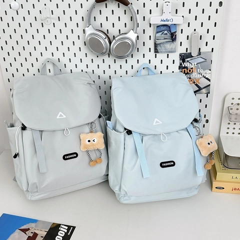 Fashion Backpack Nylon Color Block Flap Drawstring Outdoor Travel School Students Women Men With Plush Charm