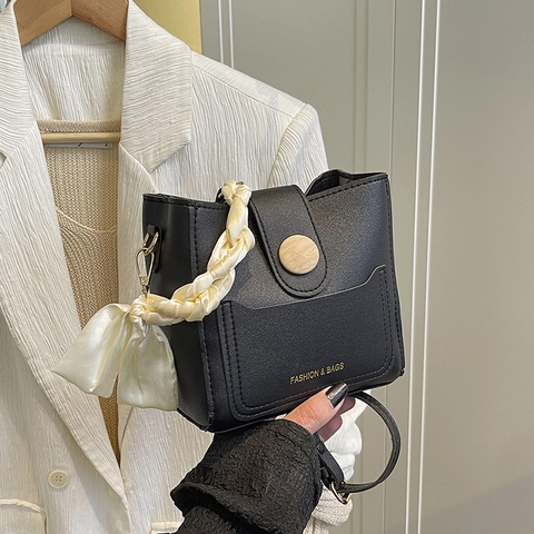 Women Fashion PU Leather Bucket Bag Minimalist Contrast Color Shoulder Bag With Satin Scarf And Flower Pendant For Daily Work