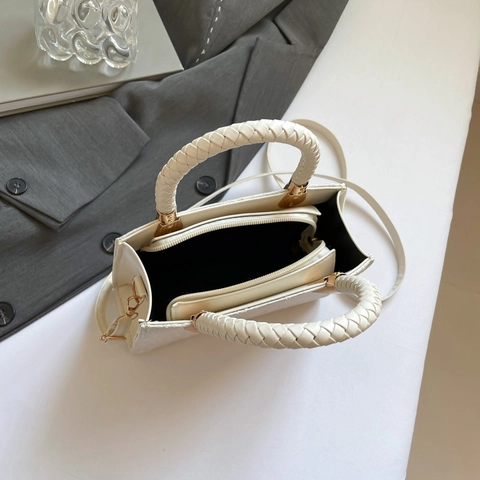 Women Crossbody Bag Floral Embossed PU Leather Handbag Woven Handle Elegant Small Square Shoulder Bag Vintage Style