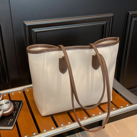 Women PU Leather Tote Bag Vintage Minimalist Urban Commuter Shoulder Handbag Contrast Color Stitching Zipper Closure Large