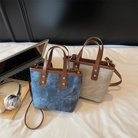 Vintage Mini Eimer Henkeltasche Denim Leinwand PU Leder Retro Handtasche Umhängetasche Mit Verstellbarem Riemen Für Damen