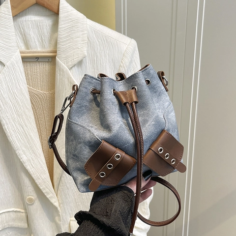Borsa A Secchiello In Tela Denim Vintage Da Donna Borsa A Tracolla Retro Con Coulisse E Finiture In Pelle PU