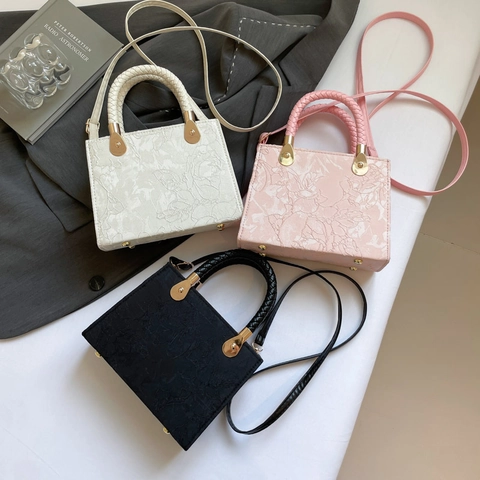 Women Crossbody Bag Floral Embossed PU Leather Handbag Woven Handle Elegant Small Square Shoulder Bag Vintage Style