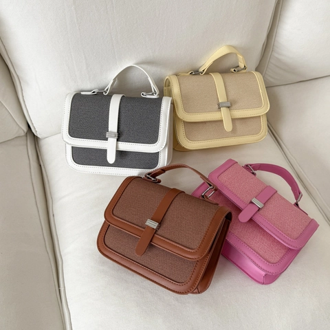 Retro Umhängetasche Für Damen PU Leder Und Gewebtes Patchwork Kleine Quadratische Handtasche Mit Klappe Metallschließe