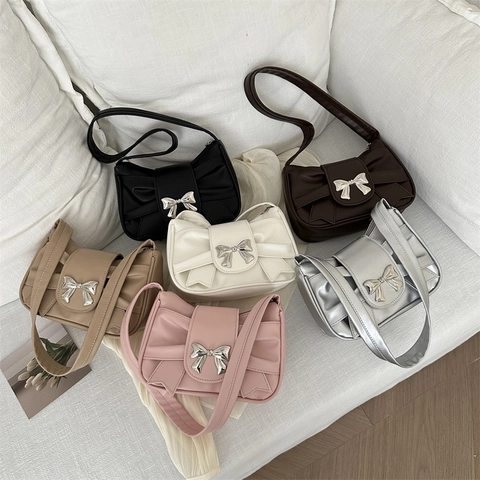 Women French Niche PU Leather Bowknot Underarm Bag Trendy Pleated Shoulder Bag Ruched Fashion Small Square Crossbody Bag