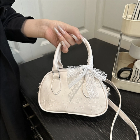 Piccola Borsa A Tracolla Da Donna In Pelle PU Mini Borsa A Mano Boston Con Motivo In Rilievo E Decorazione Con Fiocco In Pizzo