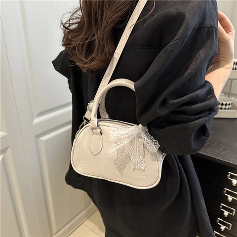 Piccola Borsa A Tracolla Da Donna In Pelle PU Mini Borsa A Mano Boston Con Motivo In Rilievo E Decorazione Con Fiocco In Pizzo