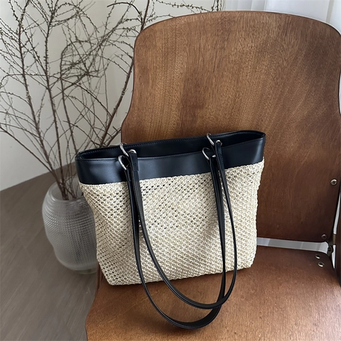 Damen Handtaschen Gewebtes Stroh Große Kapazität Sommer Strandurlaub Lässige Umhängetasche Mit PU Lederbesatz Reißverschluss
