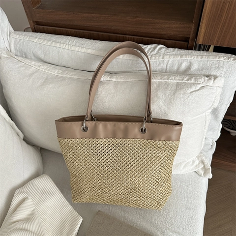 Damen Stroh Gewebte Tote Tasche Große Kapazität Lässige Strand Schultertasche Mit Kunstleder Patchwork Sommer Handtasche