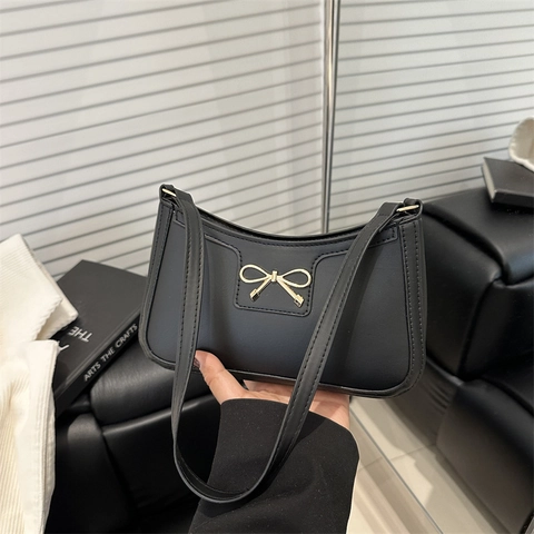 Bolso de Axila con Lazo a la Moda para Mujer Cuero PU Color Sólido Baguette con Decoración de Metal Dorado Bolso Coreano