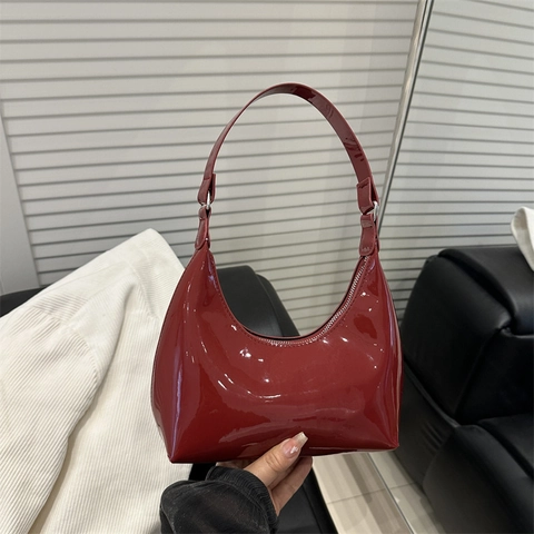Women Underarm Bag Patent Leather PU Half Moon Hobo Minimalist Fashion Shoulder Handbag Solid Color