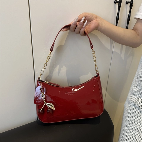 Glossy PU Leather Hobo Bag Women Underarm Shoulder Handbag With Cherry Charm Metal Chain Strap Half Moon Trendy