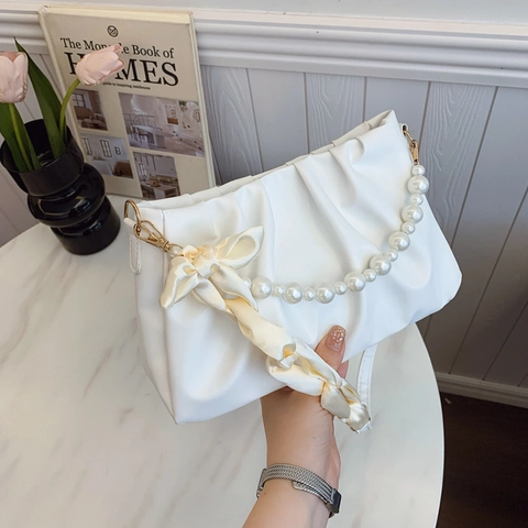 Elegant Women Pleated Cloud Shoulder Bag PU Leather Artificial Pearl Handle Satin Scarf Decor Versatile Handbag