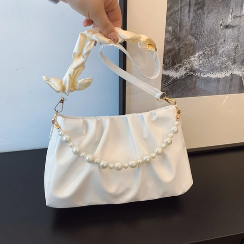 Elegant Women Pleated Cloud Shoulder Bag PU Leather Artificial Pearl Handle Satin Scarf Decor Versatile Handbag
