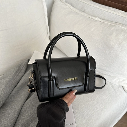Women Crossbody Bag PU Leather Top Handle Small Square Flap Closure Retro Fashion Letter Decor Shoulder Bag