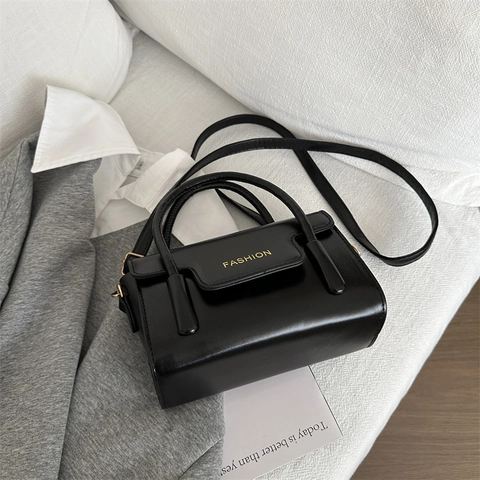 Women Crossbody Bag PU Leather Top Handle Small Square Flap Closure Retro Fashion Letter Decor Shoulder Bag