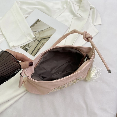 Women Chinese Style Crossbody Bag Floral Embroidery Satin Fabric Tassel Decor Knot Shoulder Strap Elegant Retro Handbag