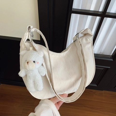 Pleated Dumpling Crossbody Bag PU Leather Ruched Crescent Shoulder Handbag With Adjustable Strap And Plush Charm For Women