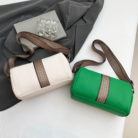 Retro Barrel Crossbody Tas Voor Dames PU Leer Lychee Korrel Brede Geometrische Geweven Band Casual Cilinder Schoudertas