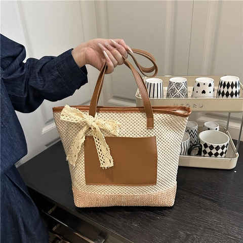 Grande Borsa Tote In Paglia Intrecciata Da Donna Borsa Da Spiaggia Estiva Con Manico In Pelle PU E Fiocco In Pizzo