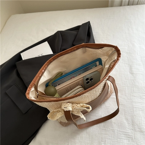 Grande Borsa Tote In Paglia Intrecciata Da Donna Borsa Da Spiaggia Estiva Con Manico In Pelle PU E Fiocco In Pizzo