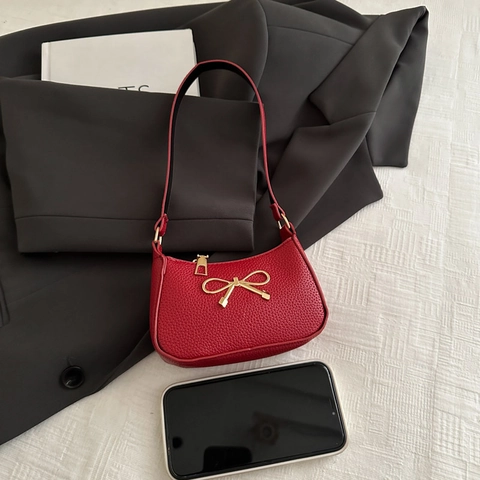 Borsa Sottobraccio Donna con Fiocco in Pelle Sintetica Trama Litchi Piccola Borsa a Spalla Elegante Fibbia in Metallo Oro