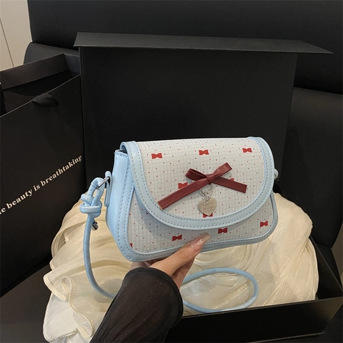 Borsa A Tracolla Dolce Da Donna Fiocco Ciondolo A Cuore Pelle PU Tessuto A Bolle Moda Nicchia Borsa A Spalla Stile Kawaii