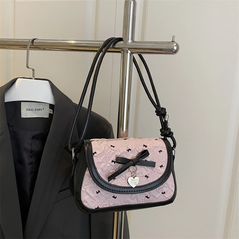 Borsa A Tracolla Dolce Da Donna Fiocco Ciondolo A Cuore Pelle PU Tessuto A Bolle Moda Nicchia Borsa A Spalla Stile Kawaii