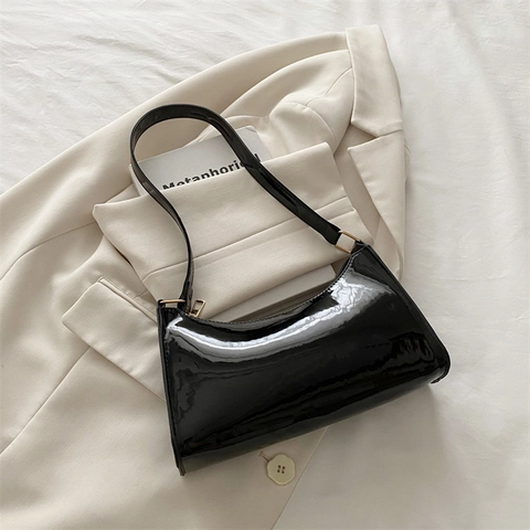 Retro Underarm Baguette Bag For Women Glossy Patent Croc Effect PU Leather Shoulder Handbag Simple Elegant Zipper Closure
