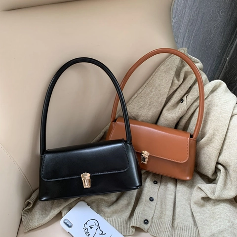 French Style Vintage Baguette Bag Women PU Leather Underarm Shoulder Bag Gold Metal Buckle Solid Color Fashion Handbag