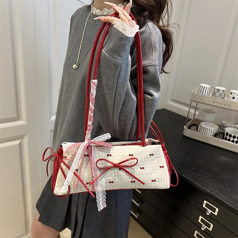 Sweet Bowknot Underarm Baguette Bag With Lace And Plaid Ribbon Trim For Women Fashion Casual Streetwear