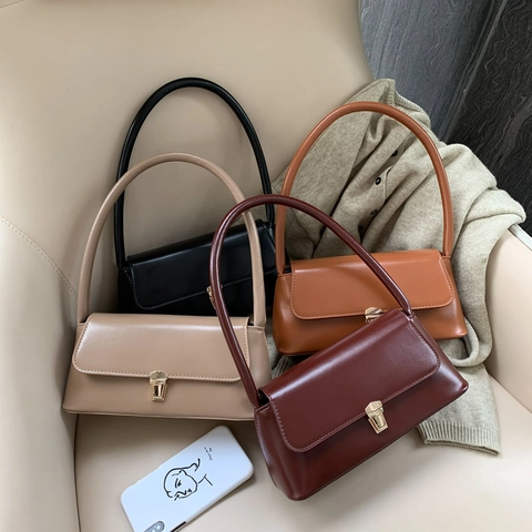 French Style Vintage Baguette Bag Women PU Leather Underarm Shoulder Bag Gold Metal Buckle Solid Color Fashion Handbag
