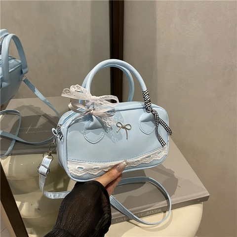 Dames Zoete Balletstijl PU Leer Boston Tas Handtas Crossbodytas Met Kant Strik Lint Versiering Voor Dagelijks Vrouwen
