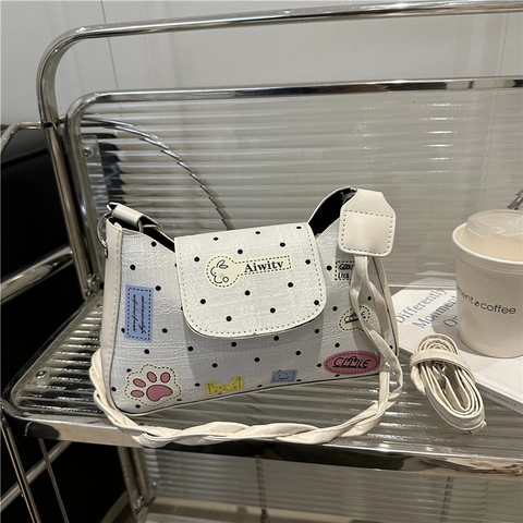 Women Polka Dot PU Leather Underarm Bag With Cartoon Patches And Braided Strap Casual Crossbody Shoulder Bag For Daily