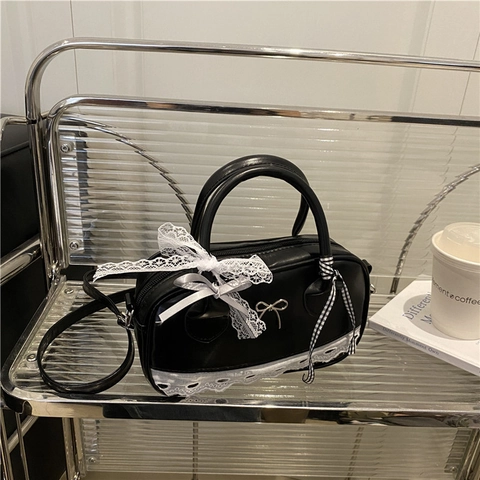 Women Sweet Balletcore Boston Bag PU Leather Lace Bow Decoration Shoulder Handbag Trendy Korean Style Fashion Crossbody Bag